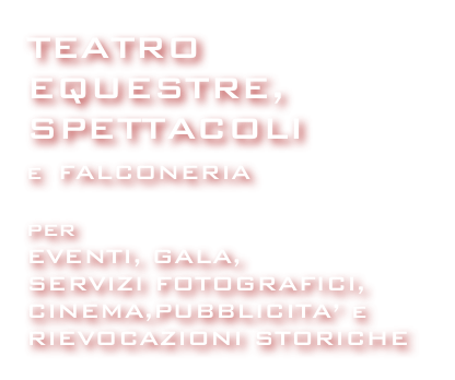 TEATRO EQUESTRE,  SPETTACOLI 
e FALCONERIA

per
EVENTI, GALA,
SERVIZI FOTOGRAFICI,
CINEMA,PUBBLICITA’ e
RIEVOCAZIONI STORICHE